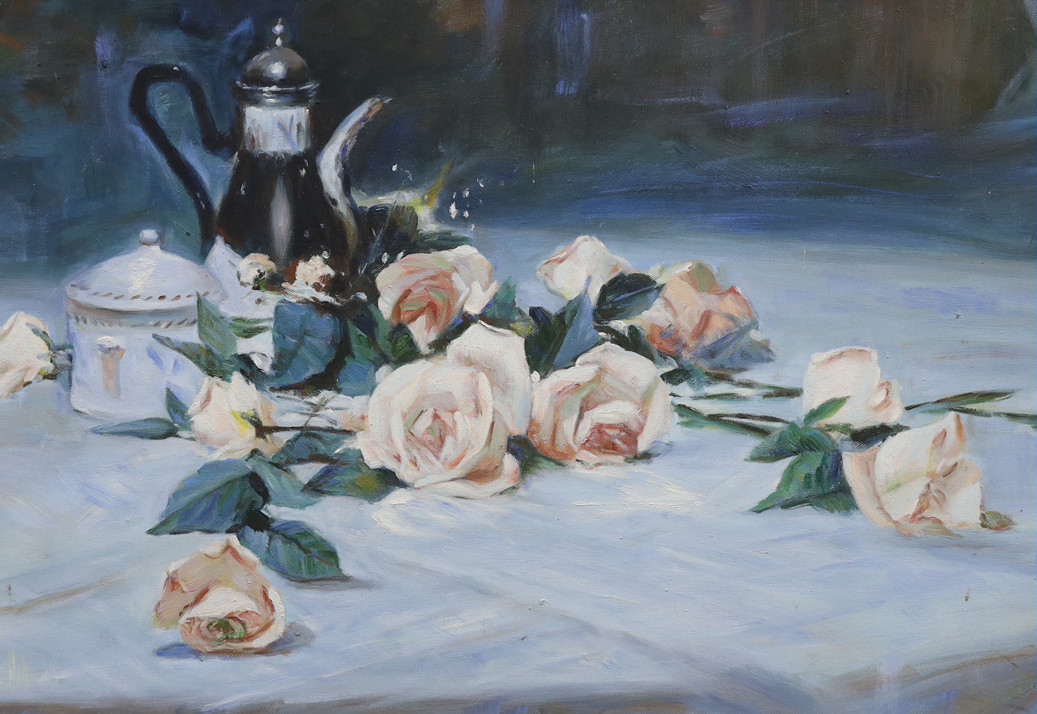 Continental School, oil on canvas, Still life of roses and a coffee pot, 40 x 57cm